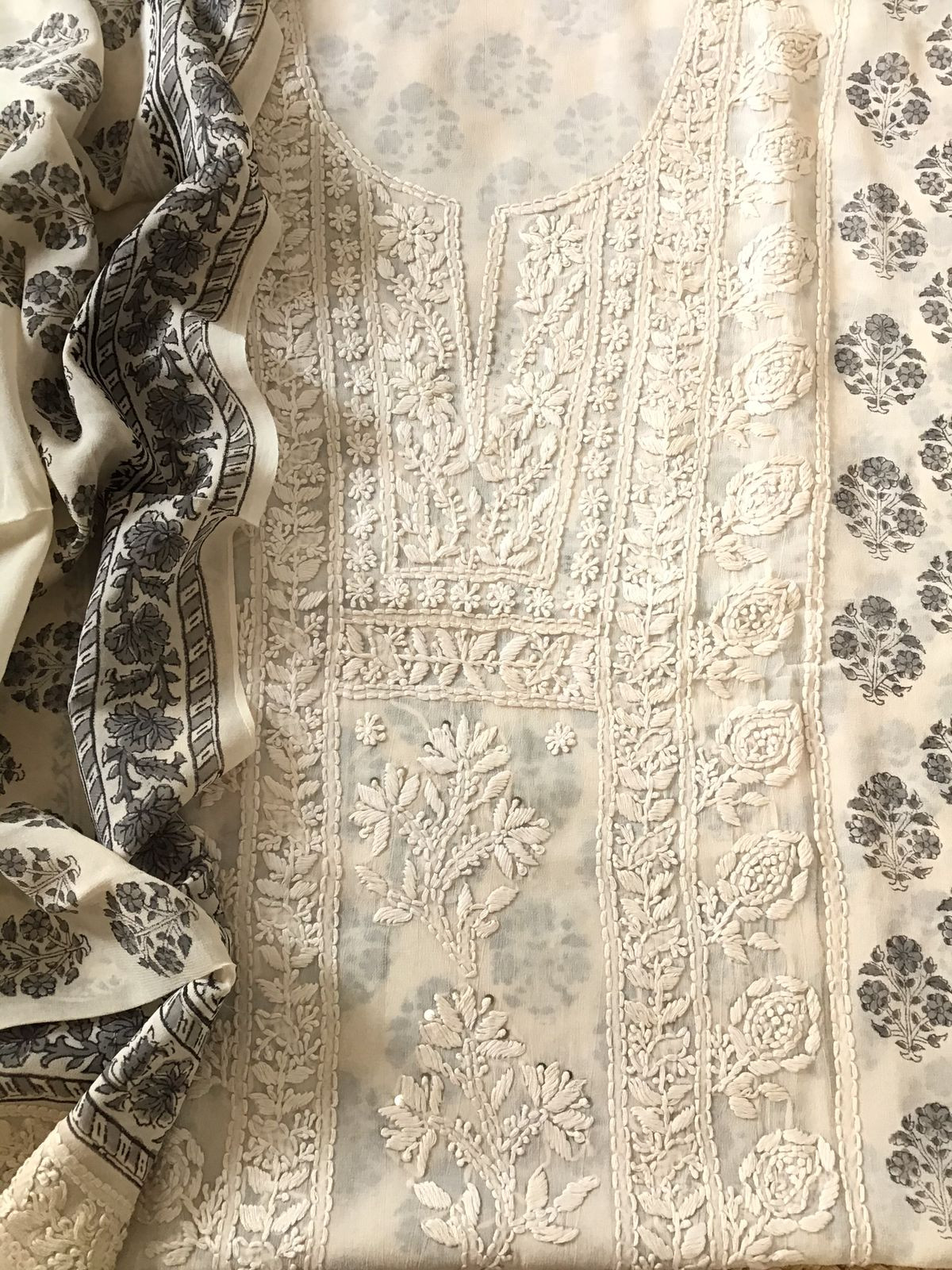 Pure Fine Georgette Block Printed Embroidered Suit - Offwhite