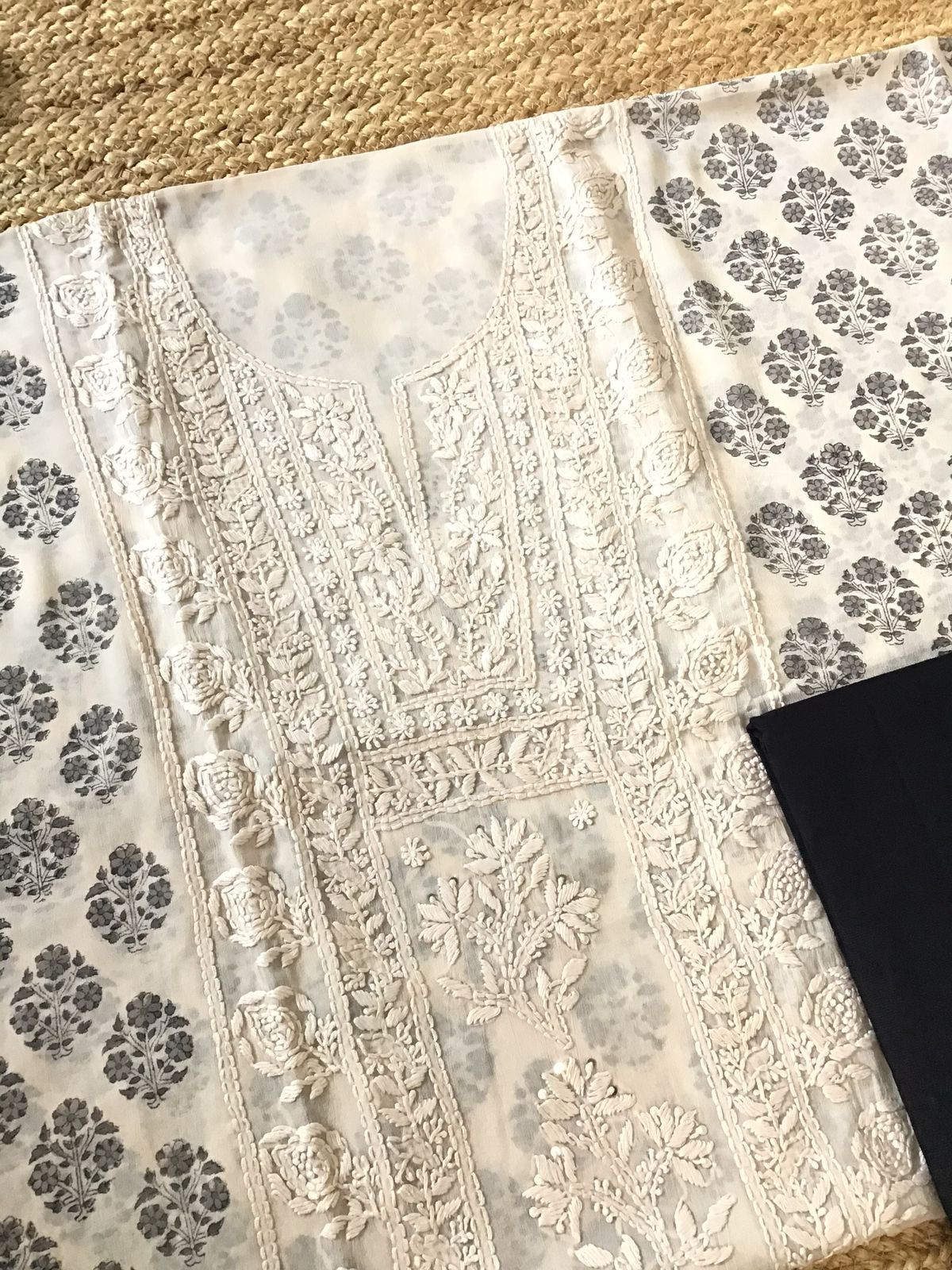 Pure Fine Georgette Block Printed Embroidered Suit - Offwhite