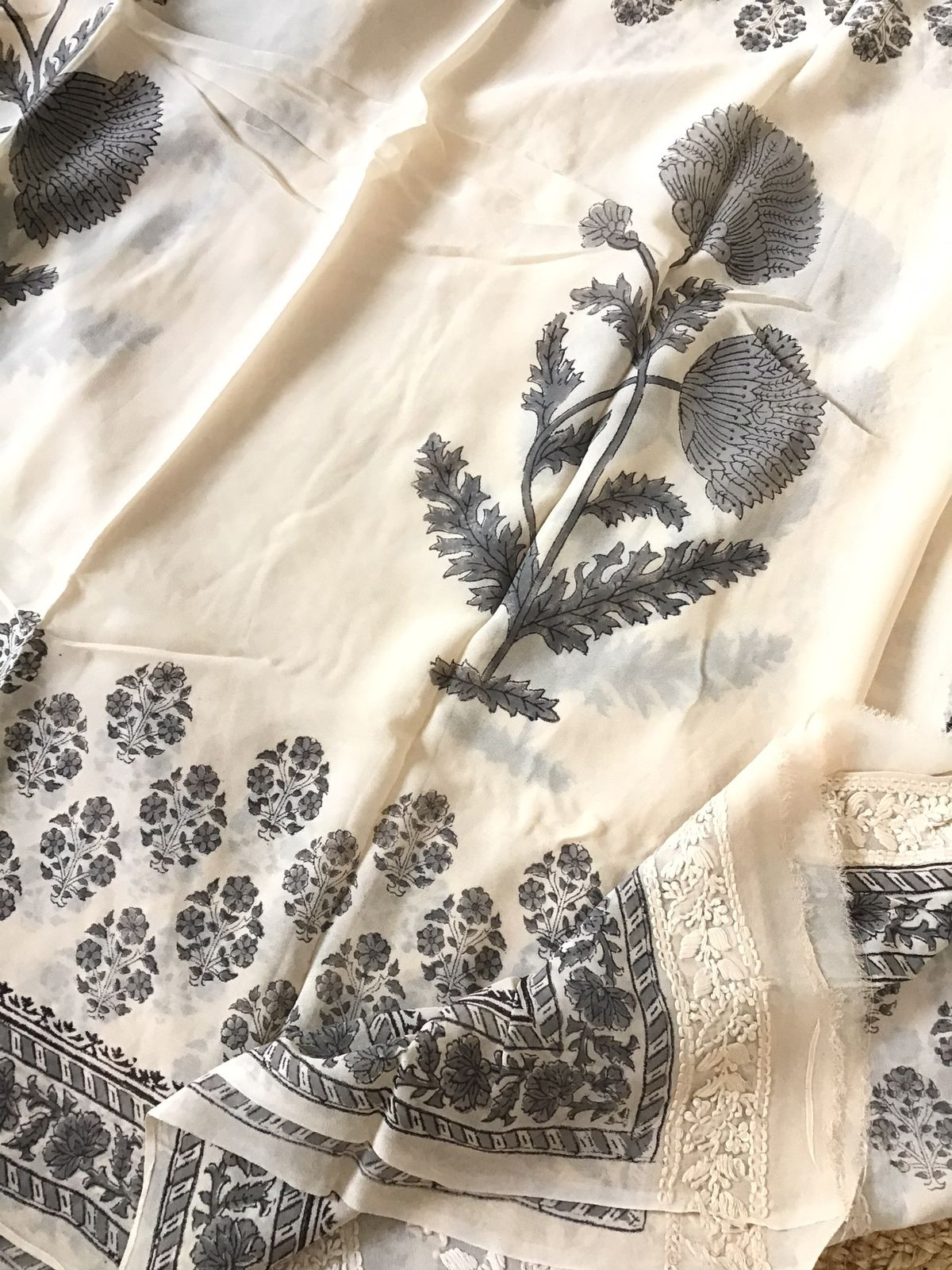 Pure Fine Georgette Block Printed Embroidered Suit - Offwhite