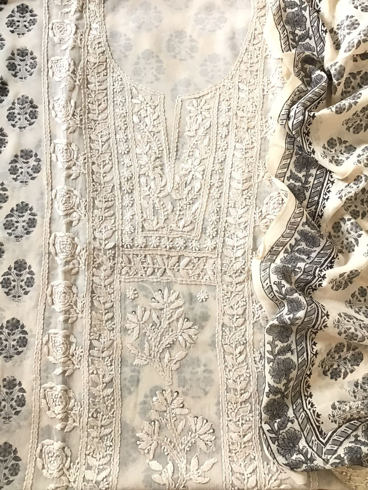 Pure Fine Georgette Block Printed Embroidered Suit - Offwhite