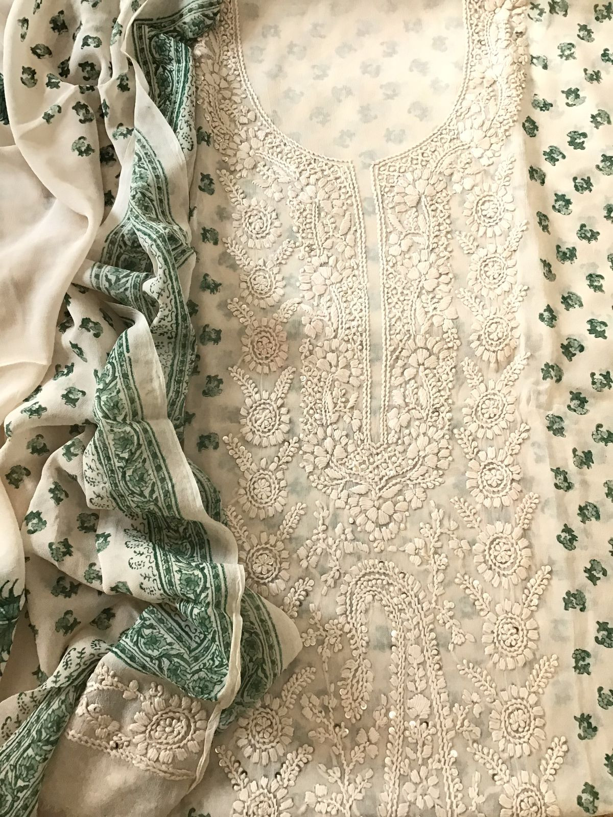 Pure Fine Georgette Block Printed Embroidered Suit - Offwhite