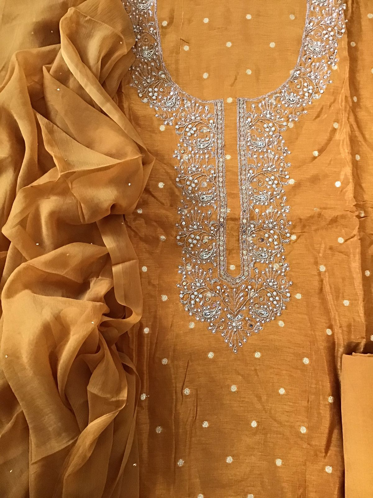 Pure Upada Silk Embroidered Suit - Orange