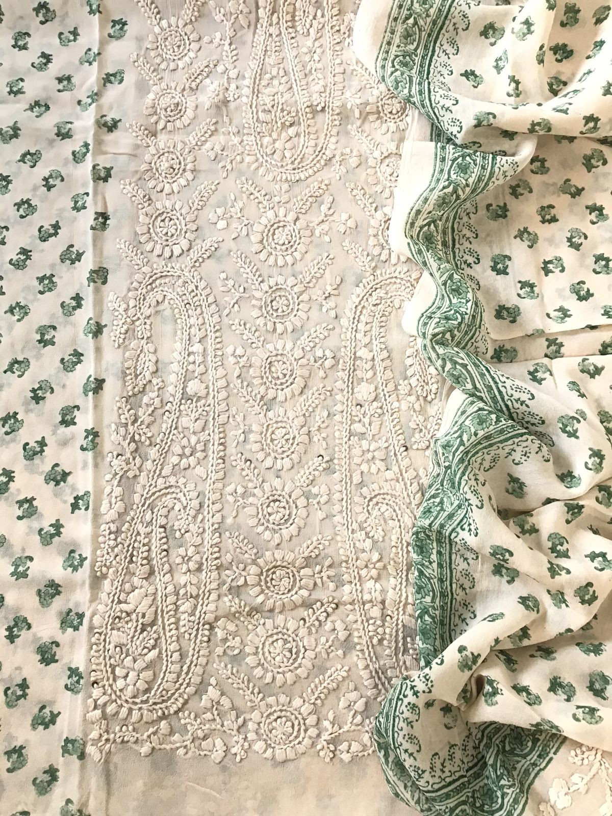 Pure Fine Georgette Block Printed Embroidered Suit - Offwhite