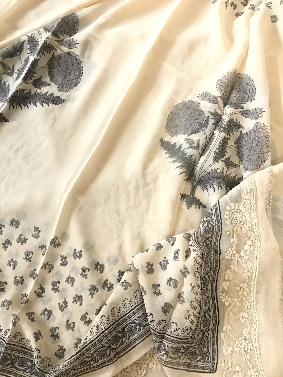 Pure Fine Georgette Block Printed Embroidered Suit - Offwhite