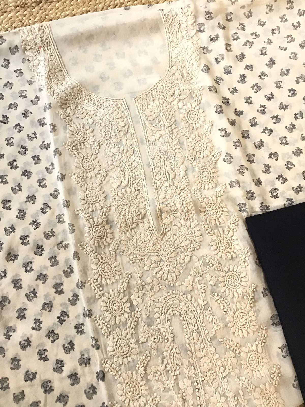 Pure Fine Georgette Block Printed Embroidered Suit - Offwhite