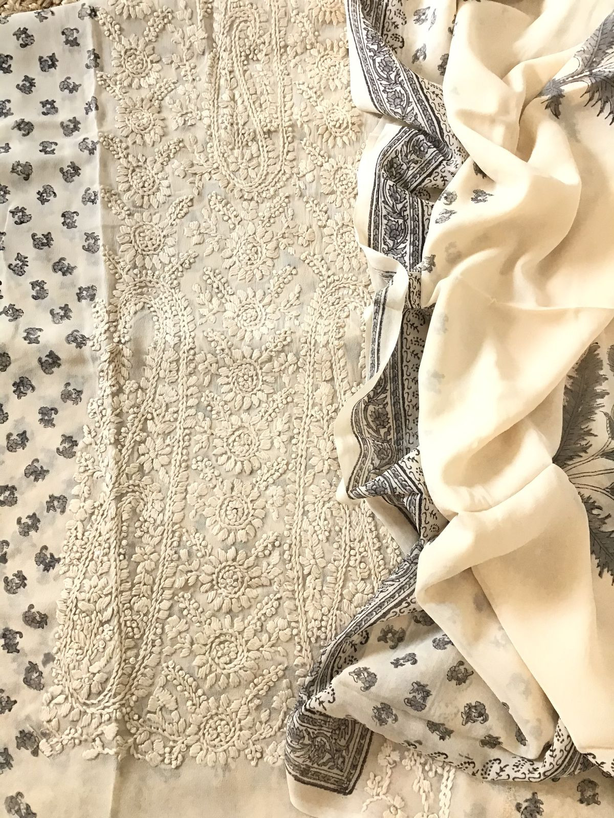 Pure Fine Georgette Block Printed Embroidered Suit - Offwhite