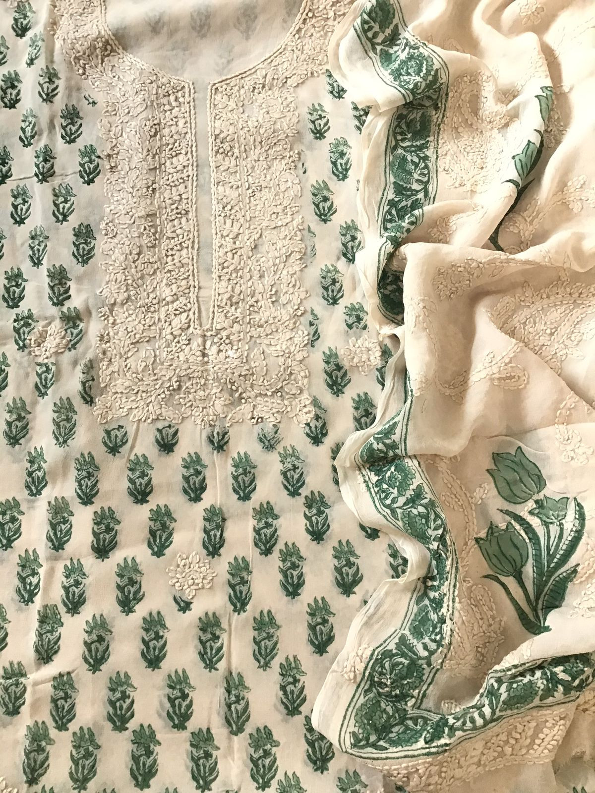 Pure Fine Georgette Block Printed Embroidered Suit - Offwhite