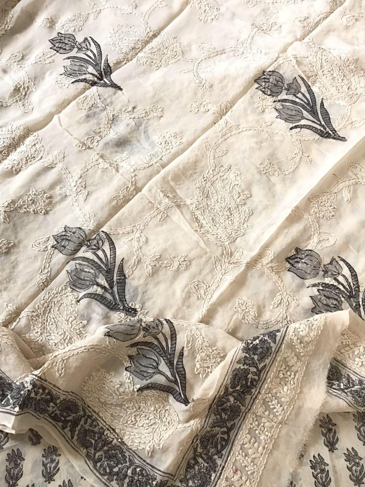 Pure Fine Georgette Block Printed Embroidered Suit - Offwhite