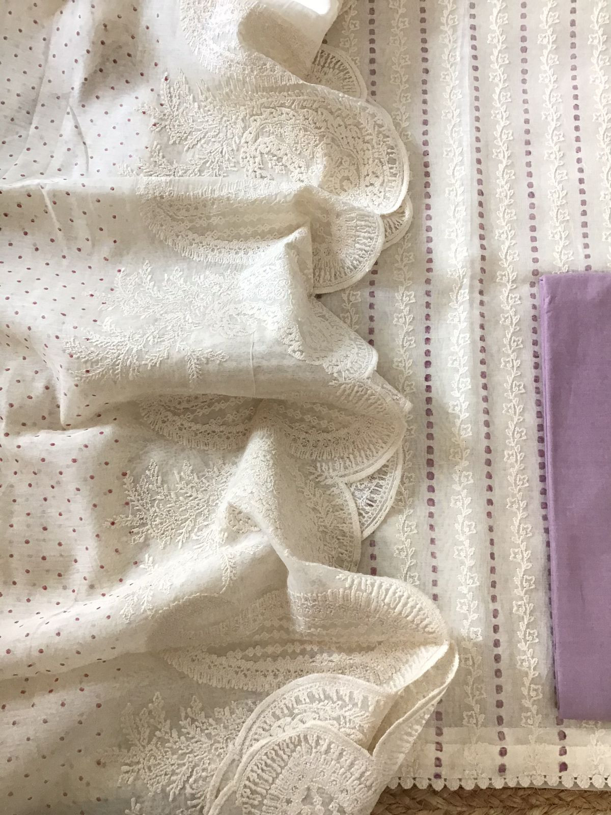 Pure Fine Mul Chanderi Printed Embroidered Suit - Offwhite