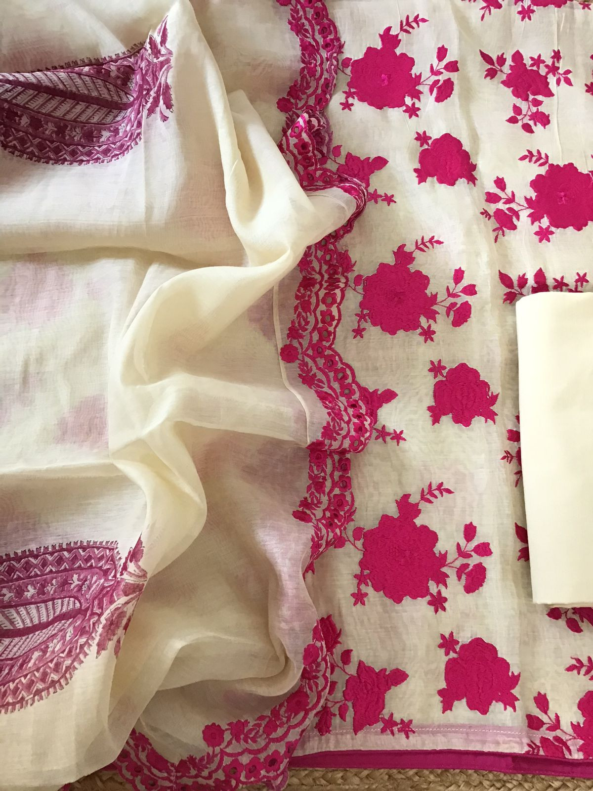 Pure Fine Mul Chanderi Embroidered Suit - Offwhite