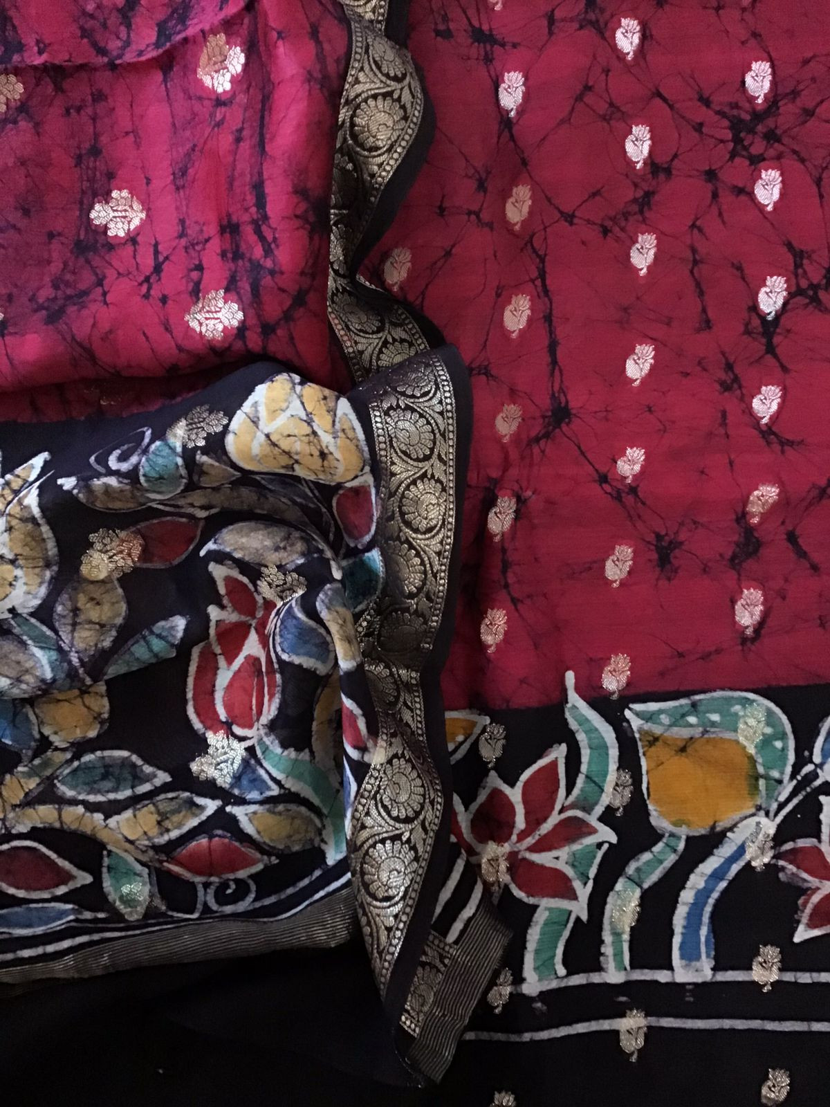 Pure Chanderi Batik Printed Banarasi Weaved Suit - Maroon