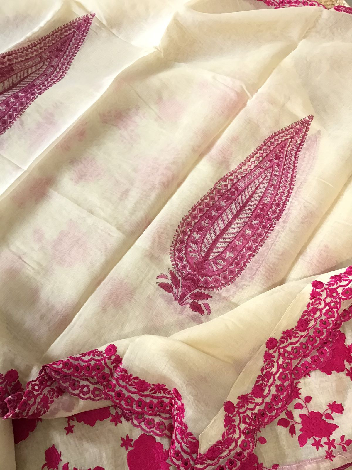 Pure Fine Mul Chanderi Embroidered Suit - Offwhite