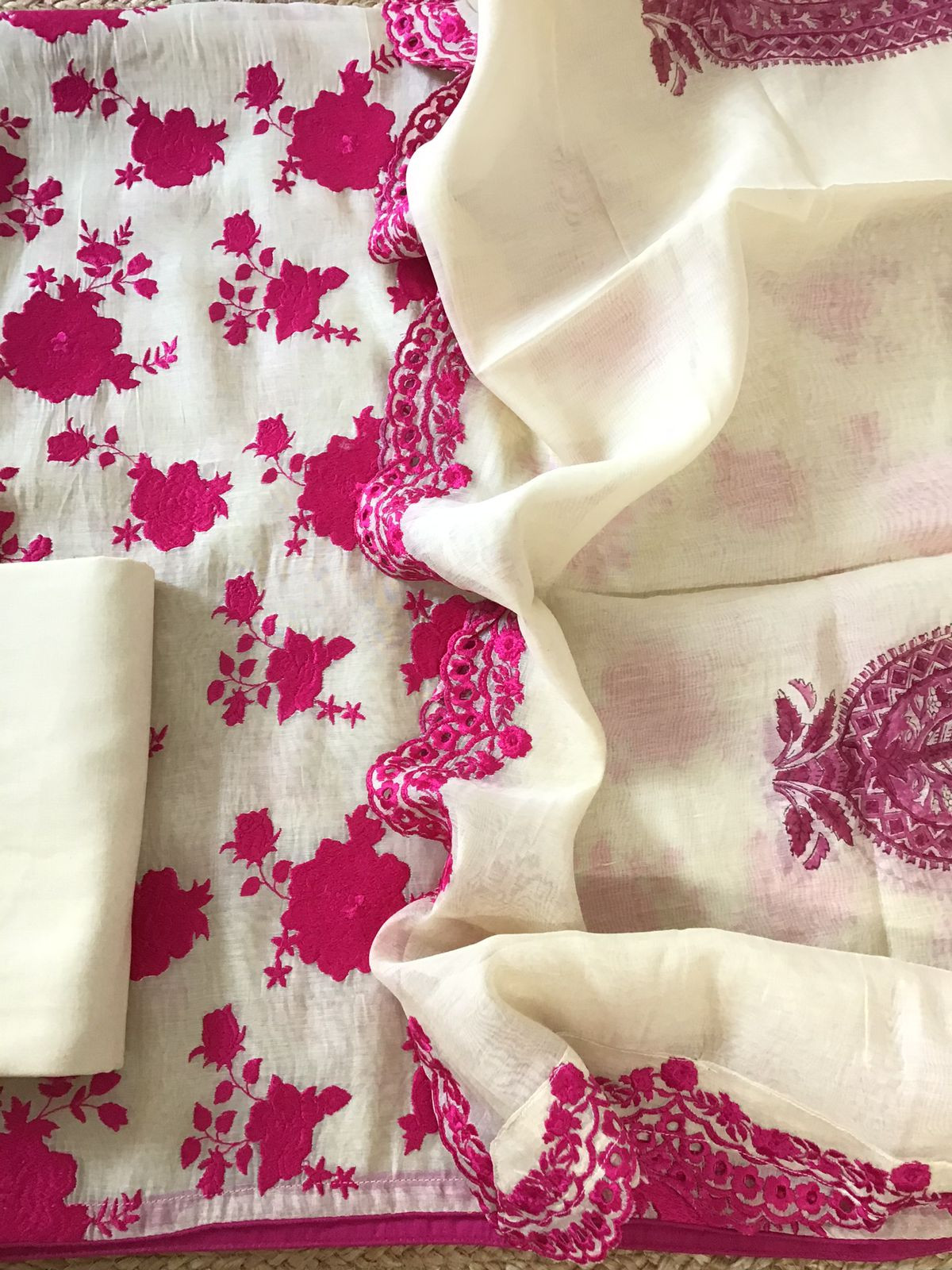 Pure Fine Mul Chanderi Embroidered Suit - Offwhite