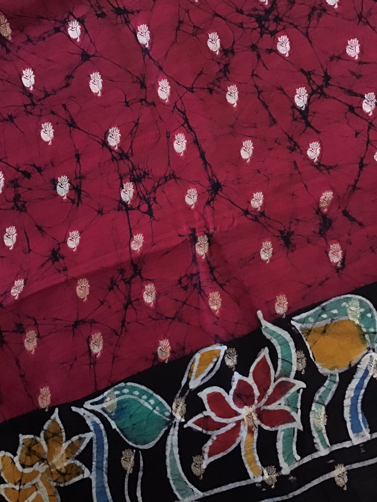 Pure Chanderi Batik Printed Banarasi Weaved Suit - Maroon