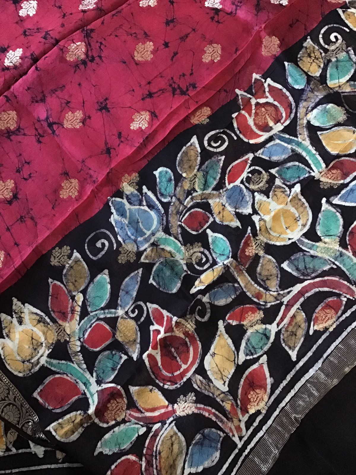 Pure Chanderi Batik Printed Banarasi Weaved Suit - Maroon