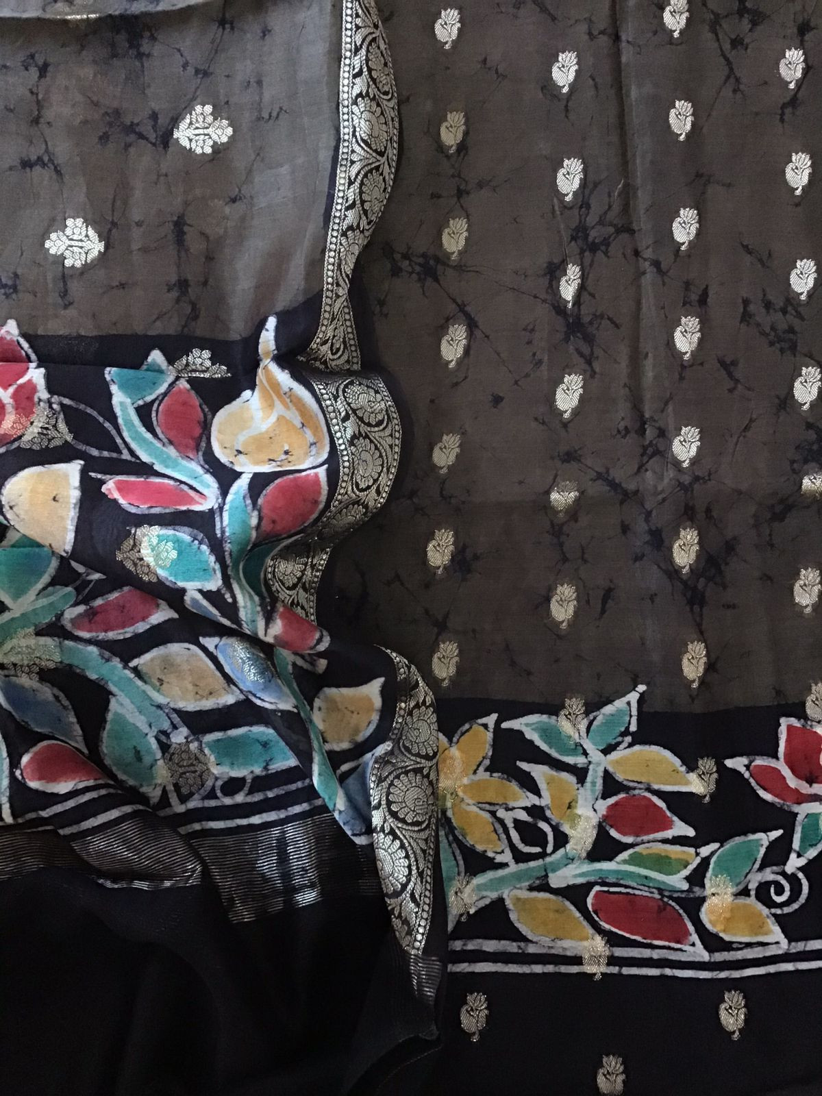 Pure Chanderi Batik Printed Banarasi Weaved Suit - Olive