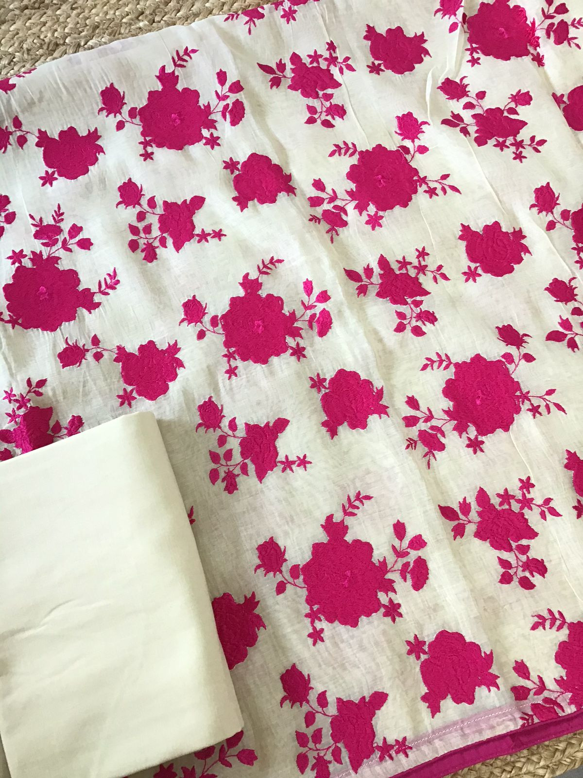 Pure Fine Mul Chanderi Embroidered Suit - Offwhite