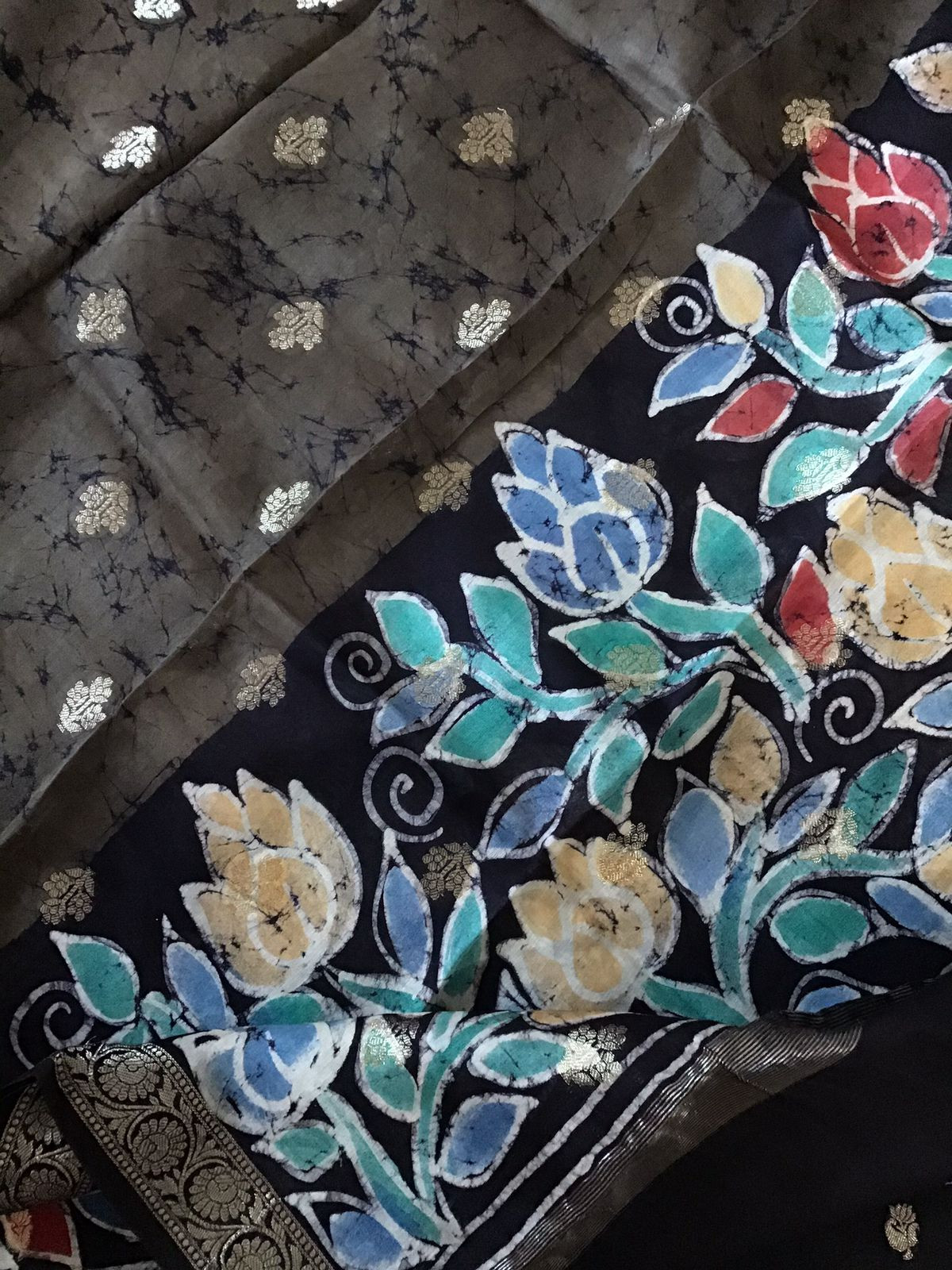 Pure Chanderi Batik Printed Banarasi Weaved Suit - Olive