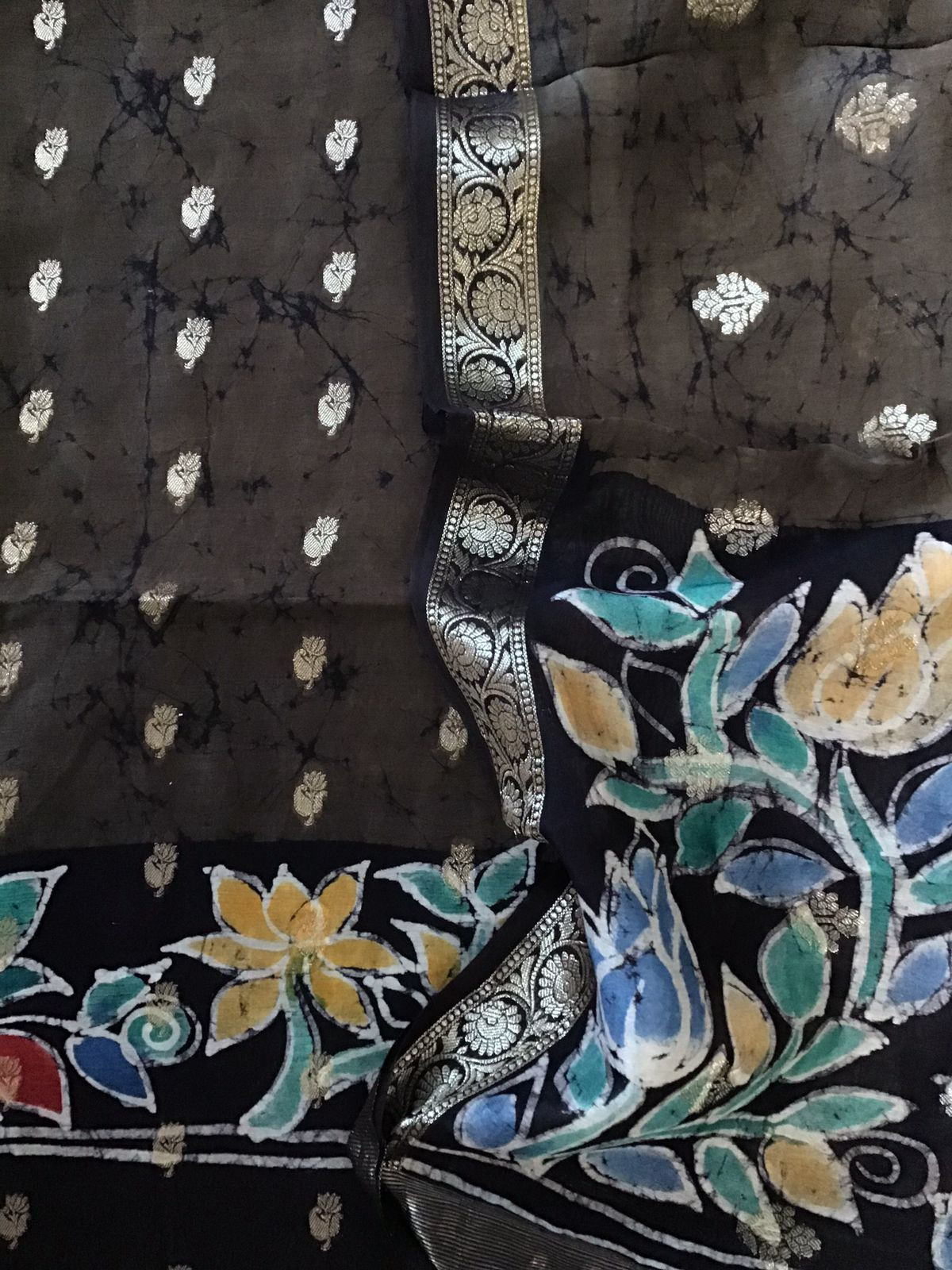 Pure Chanderi Batik Printed Banarasi Weaved Suit - Olive