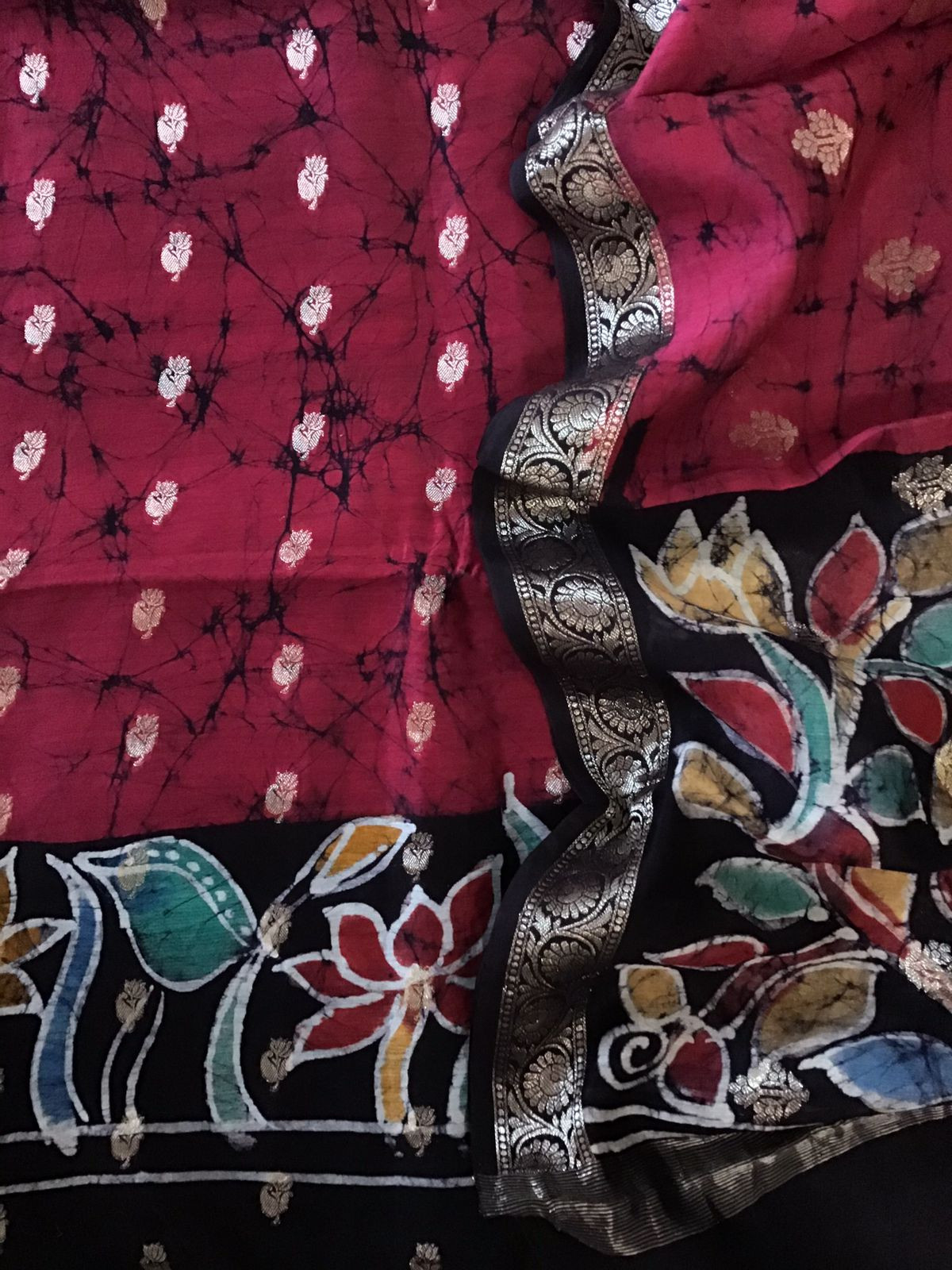 Pure Chanderi Batik Printed Banarasi Weaved Suit - Maroon