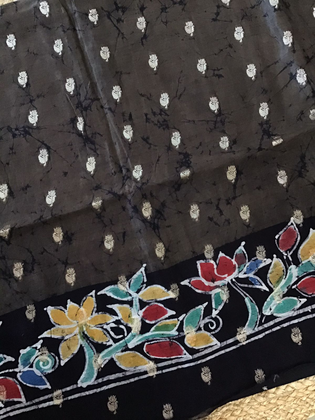 Pure Chanderi Batik Printed Banarasi Weaved Suit - Olive