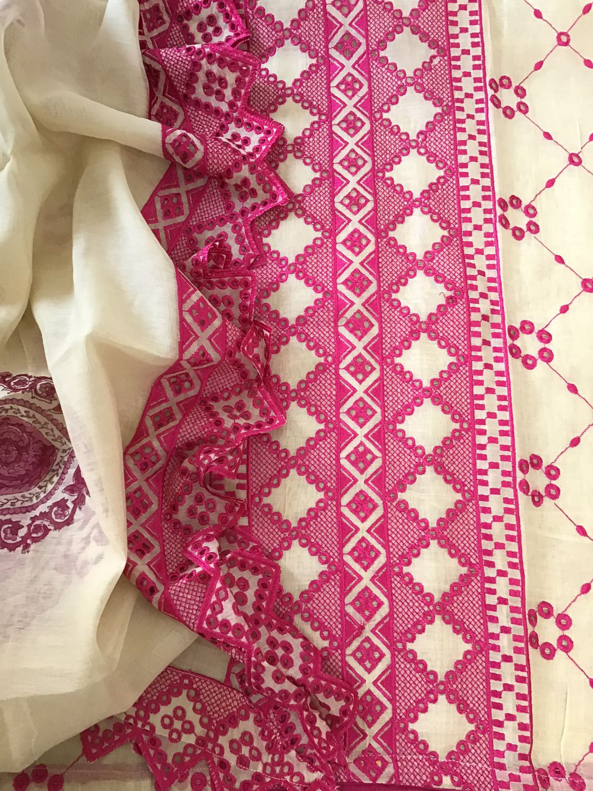 Pure Fine Mul Chanderi Embroidered Suit - Offwhite