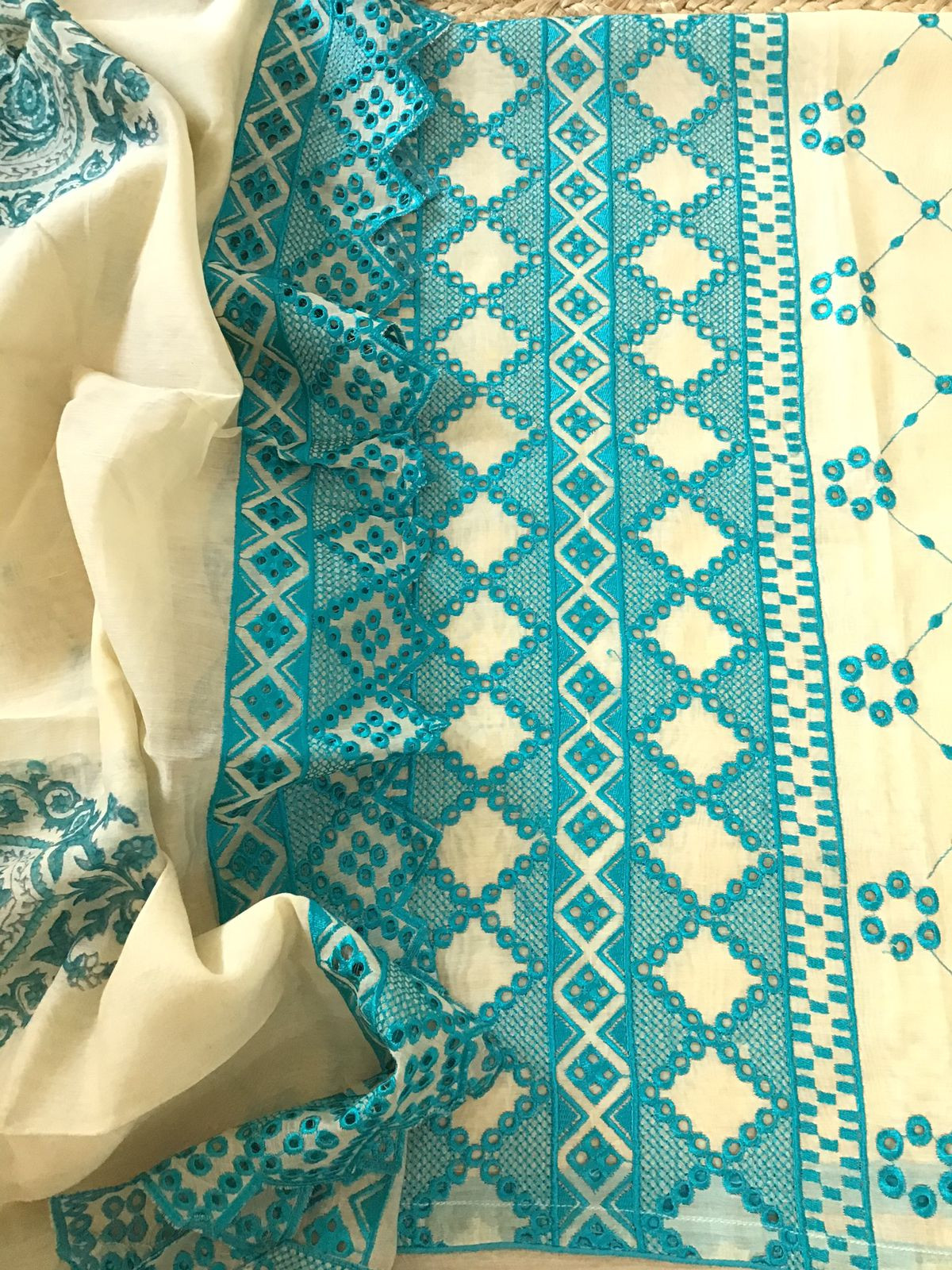 Pure Fine Mul Chanderi Embroidered Suit - Offwhite