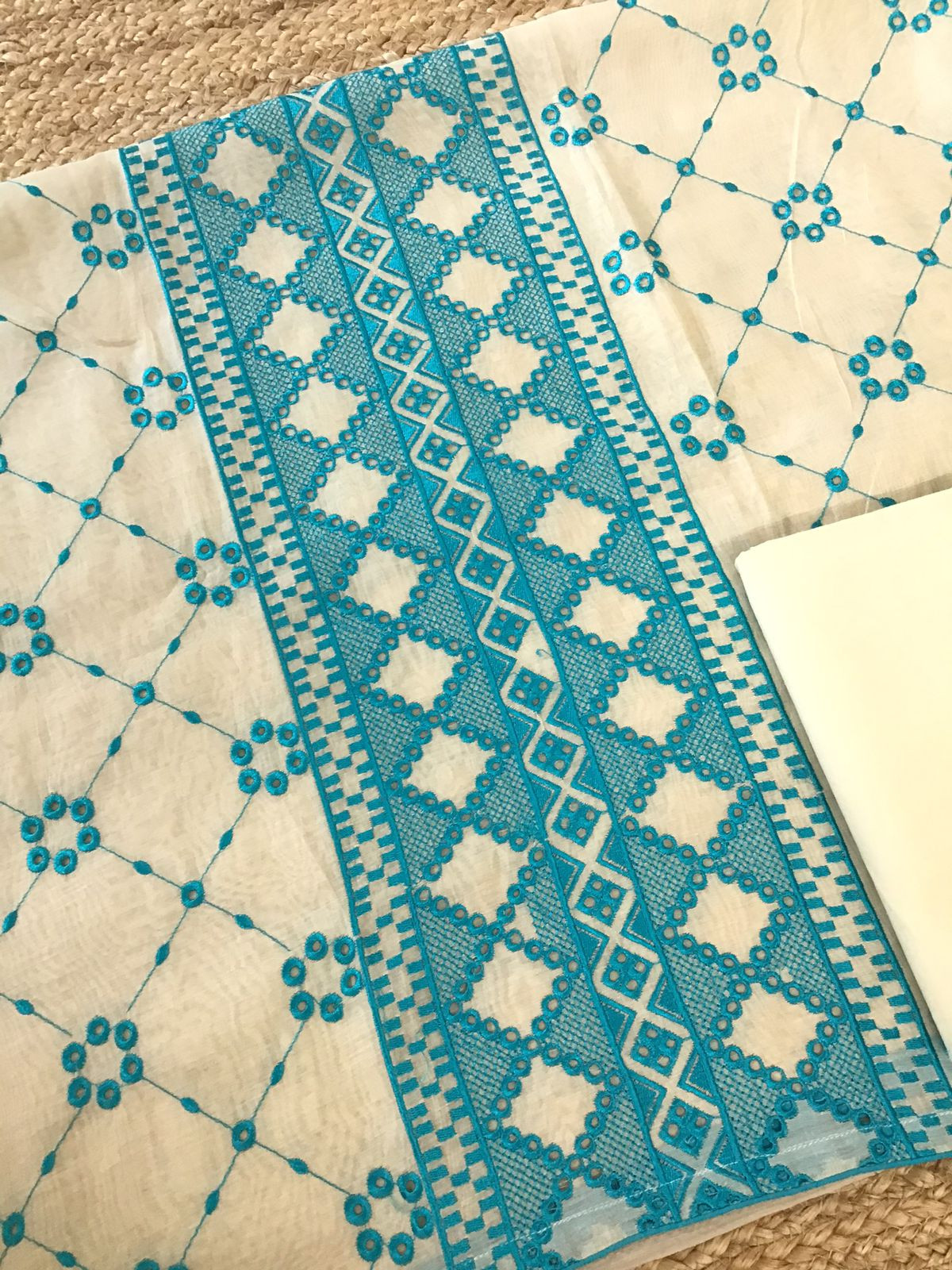 Pure Fine Mul Chanderi Embroidered Suit - Offwhite