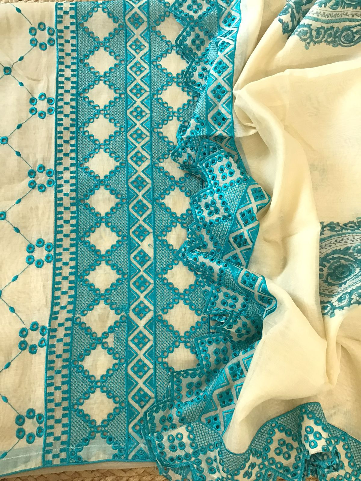 Pure Fine Mul Chanderi Embroidered Suit - Offwhite