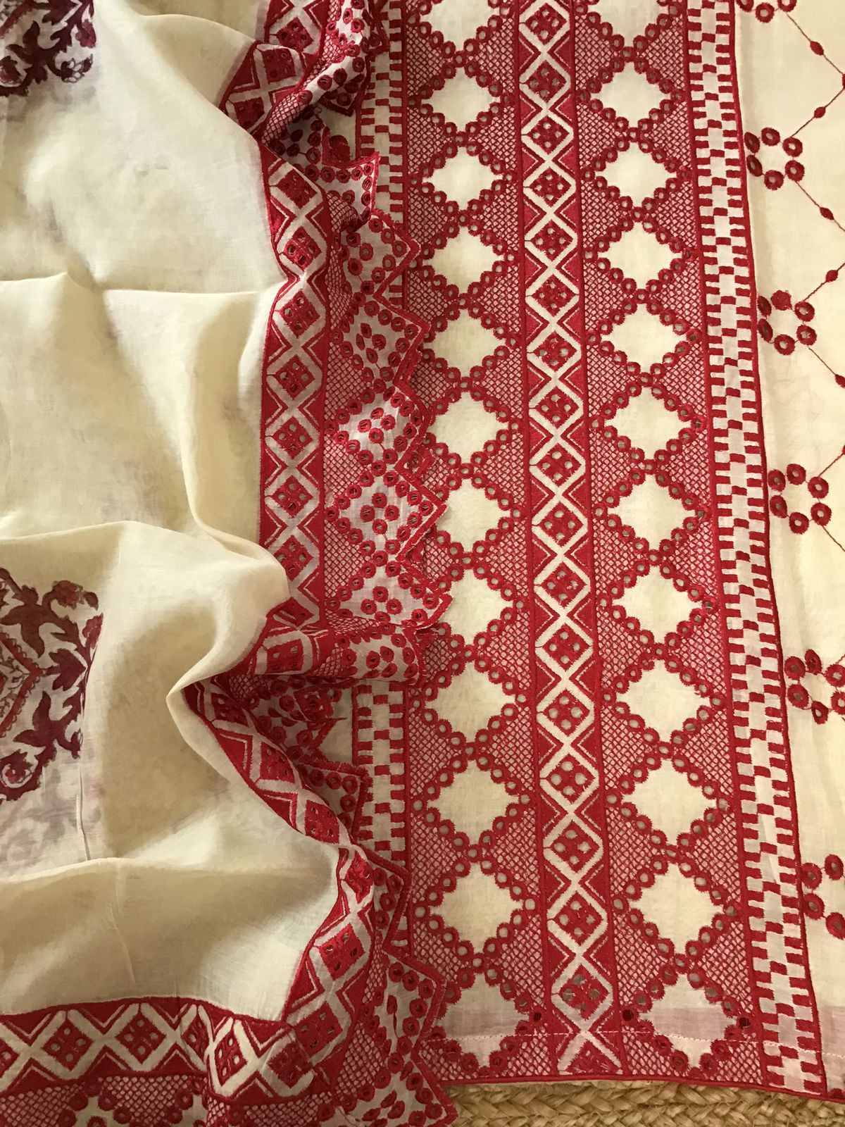 Pure Fine Mul Chanderi Embroidered Suit - Offwhite