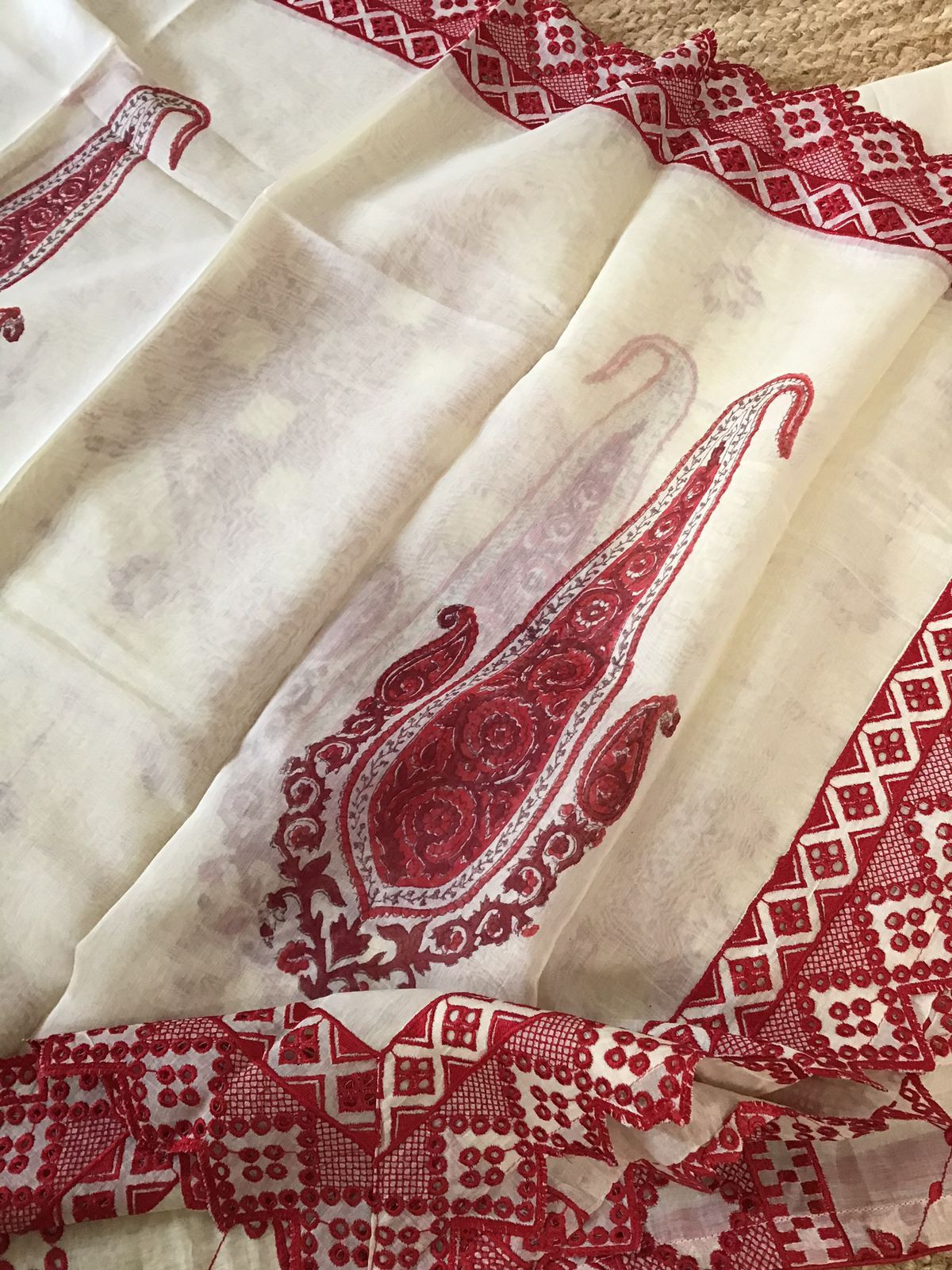 Pure Fine Mul Chanderi Embroidered Suit - Offwhite