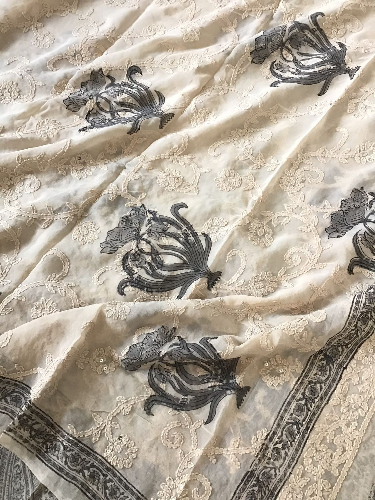 Pure Fine Georgette Block Printed Embroidered Suit - Offwhite