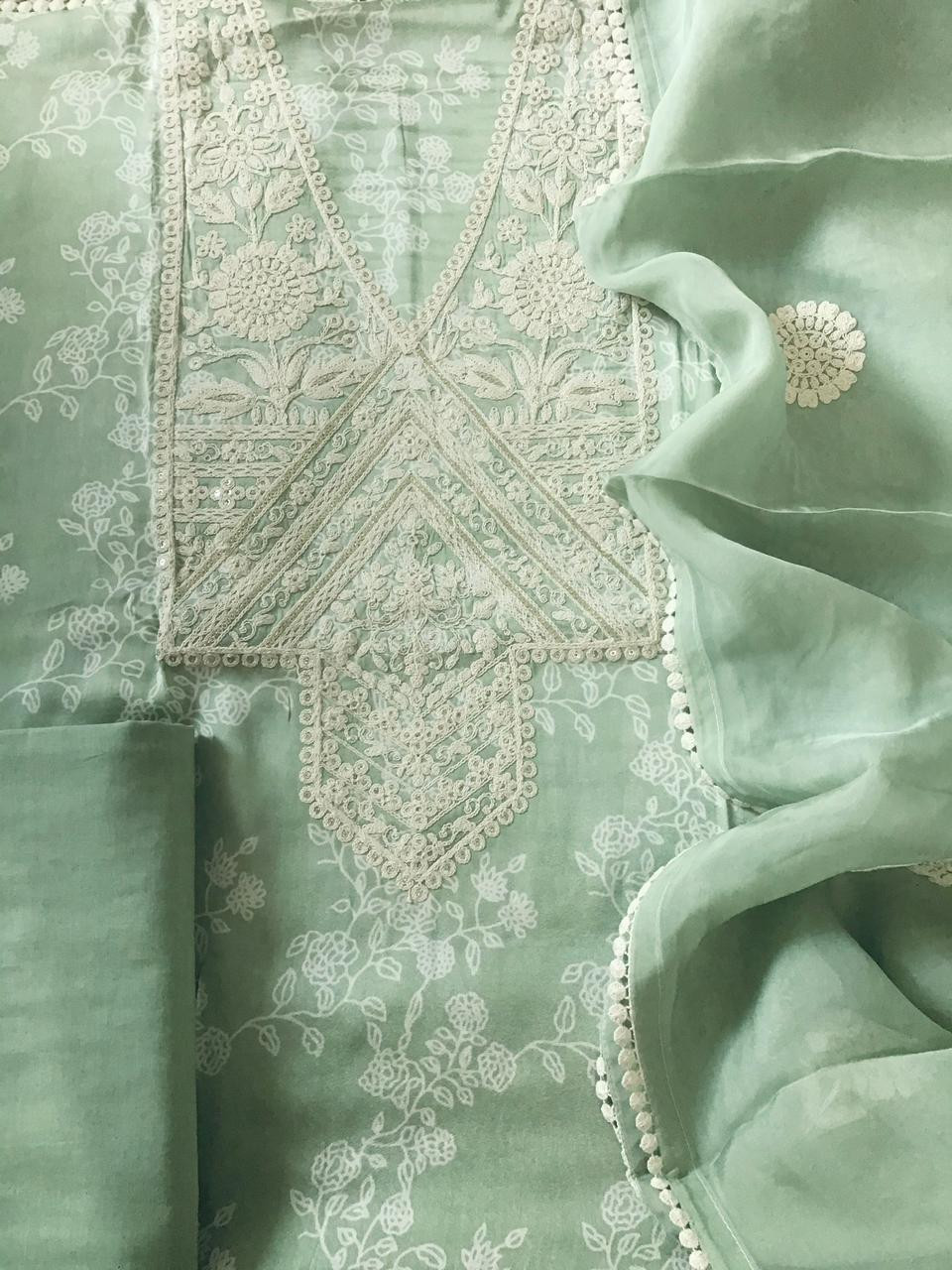 Pure Munga Satin Printed Embroidered Suit - Green