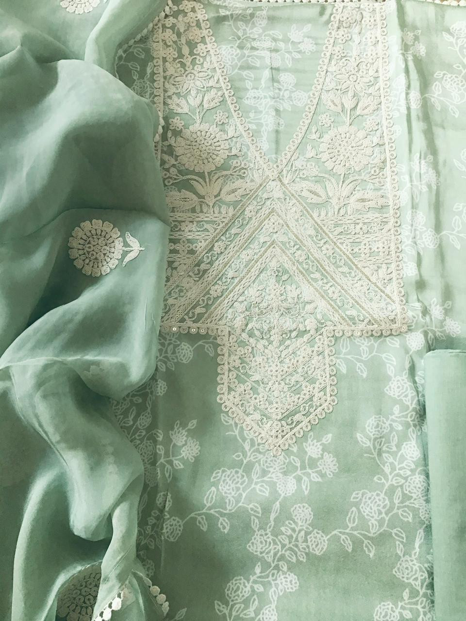 Pure Munga Satin Printed Embroidered Suit - Green