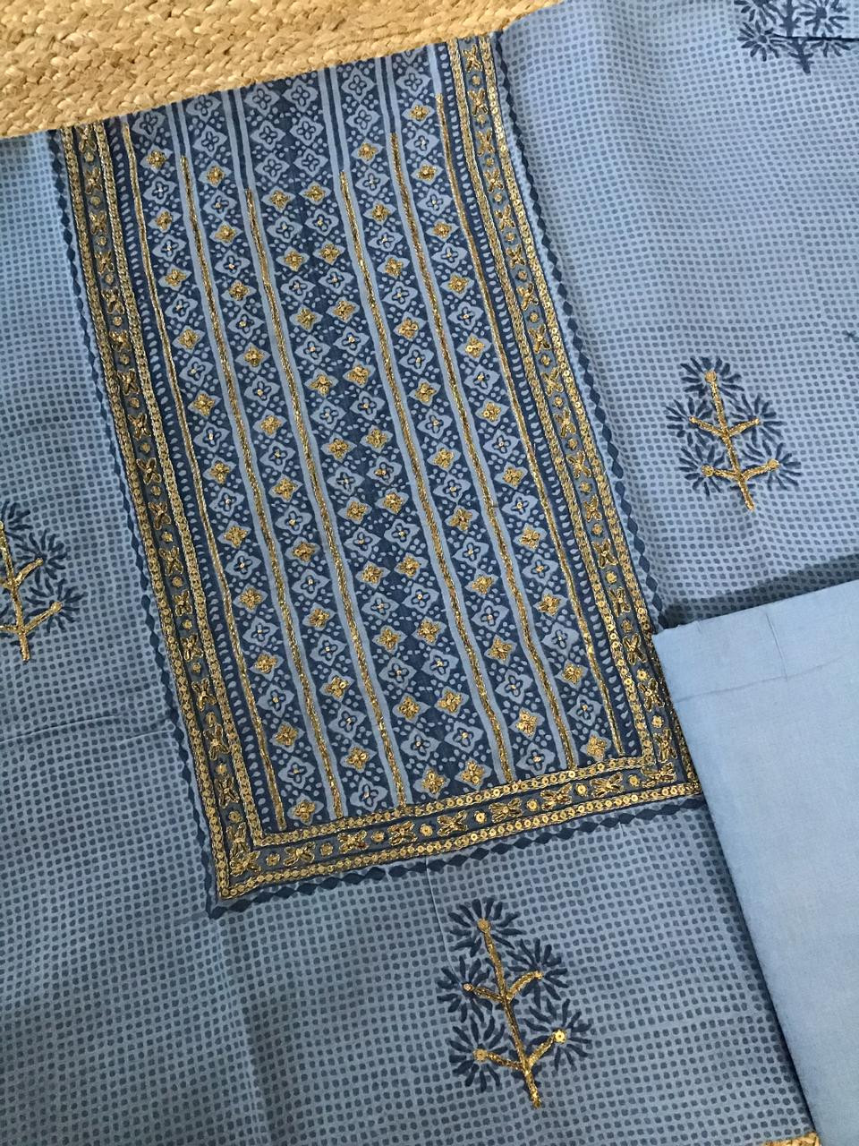 Pure Maheshwari Printed Embroidered Suit - Blue