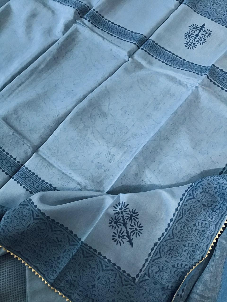 Pure Maheshwari Printed Embroidered Suit - Blue