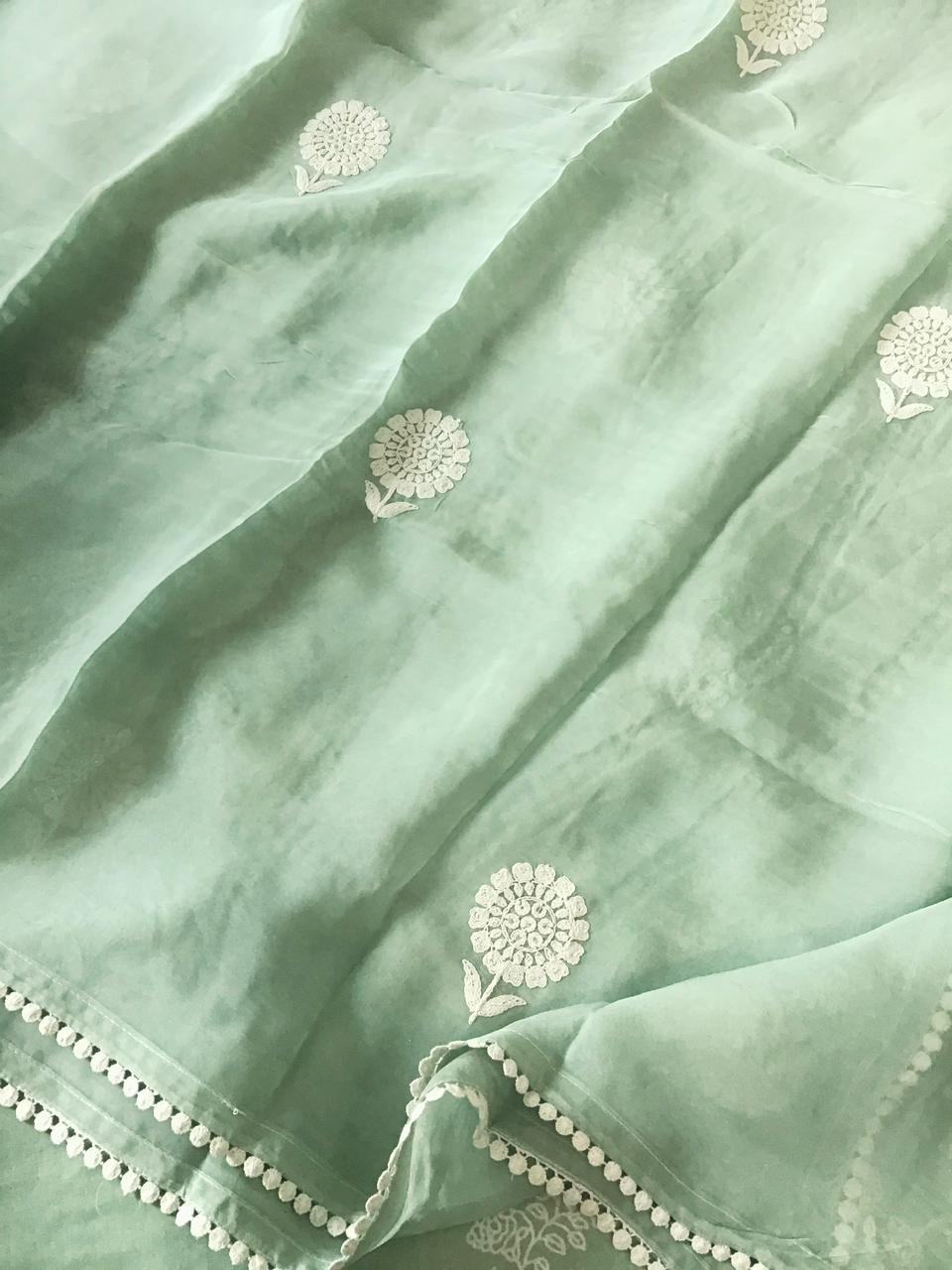 Pure Munga Satin Printed Embroidered Suit - Green