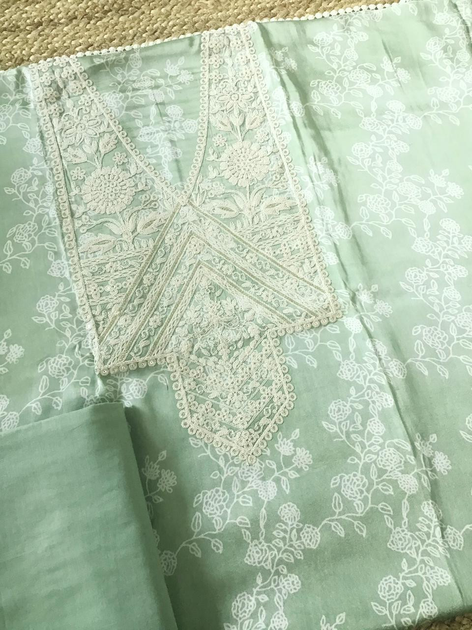 Pure Munga Satin Printed Embroidered Suit - Green