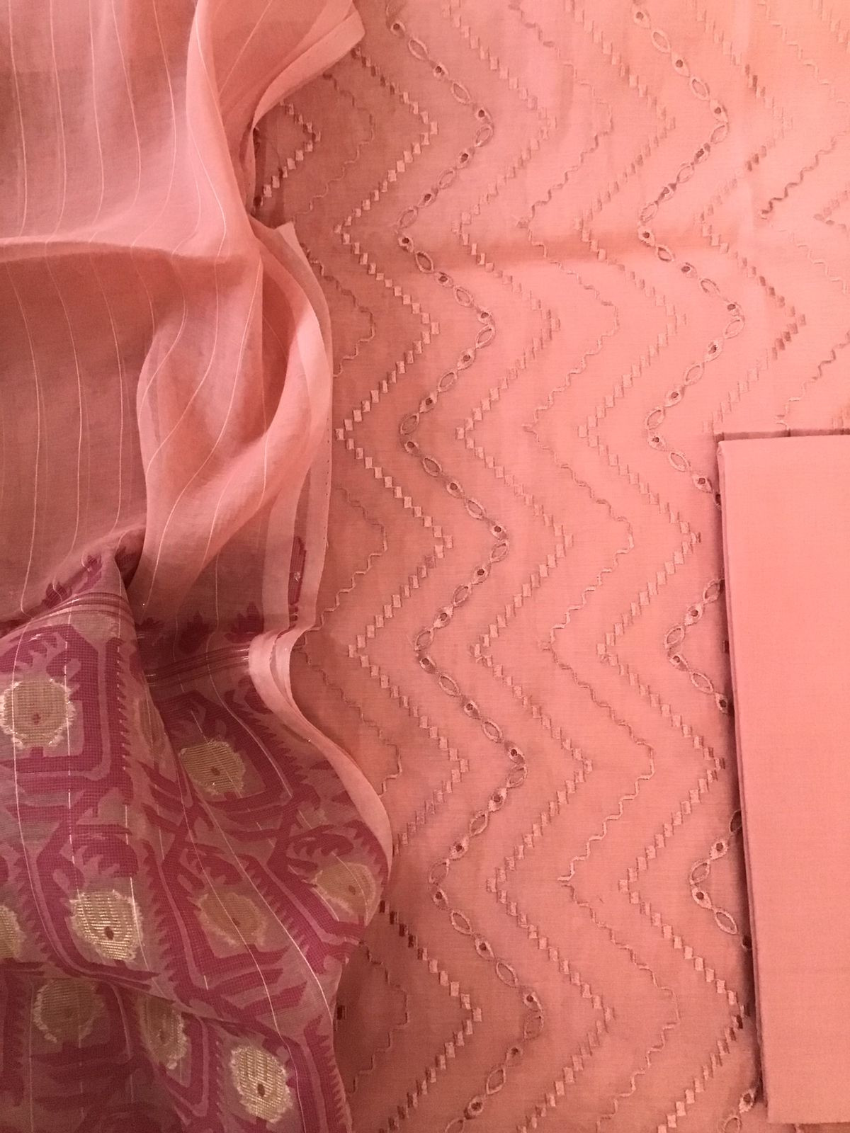Soft Slub Chanderi Jamdani Weaved Embroidered Suit - Peach
