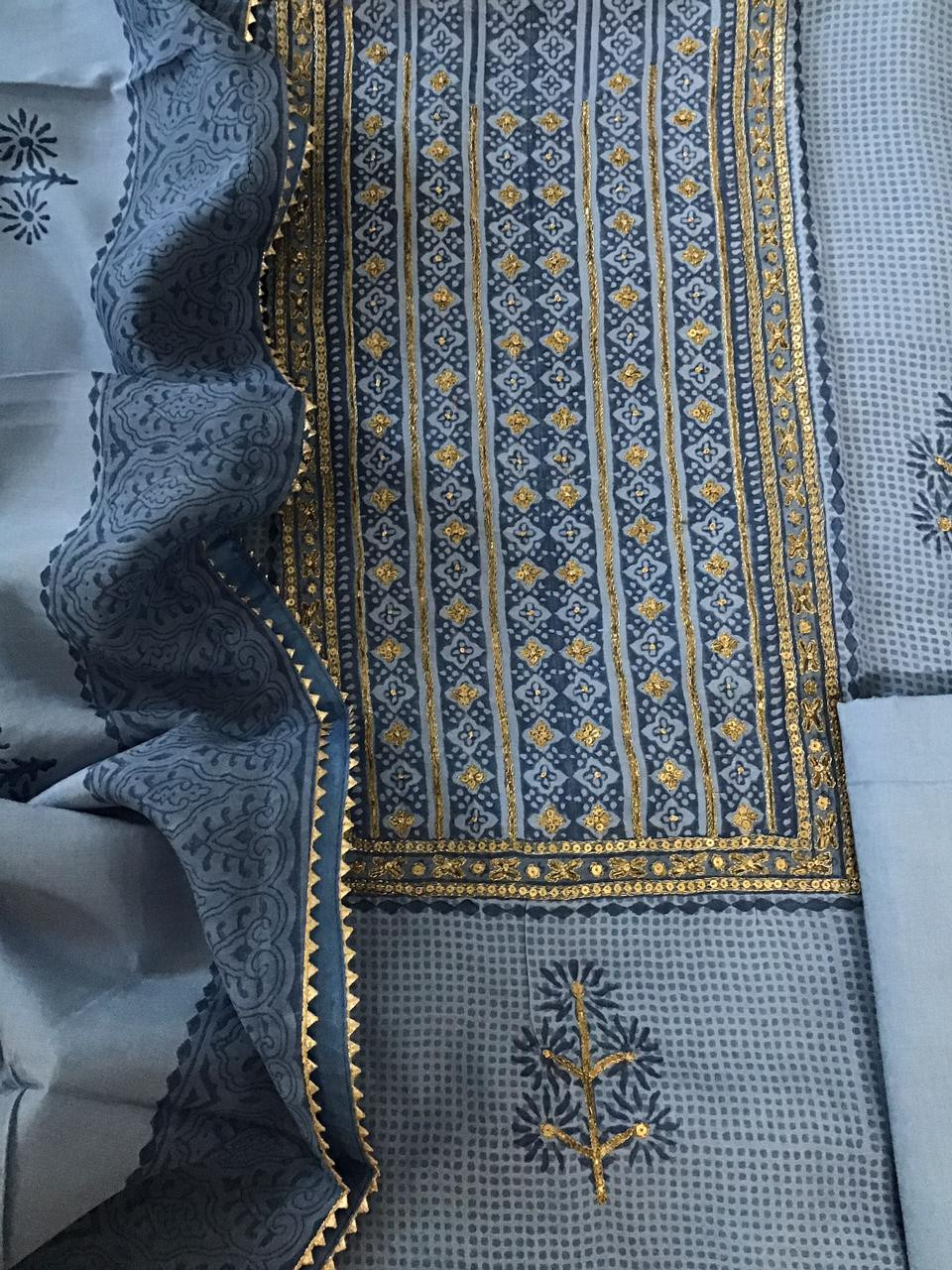 Pure Maheshwari Printed Embroidered Suit - Blue