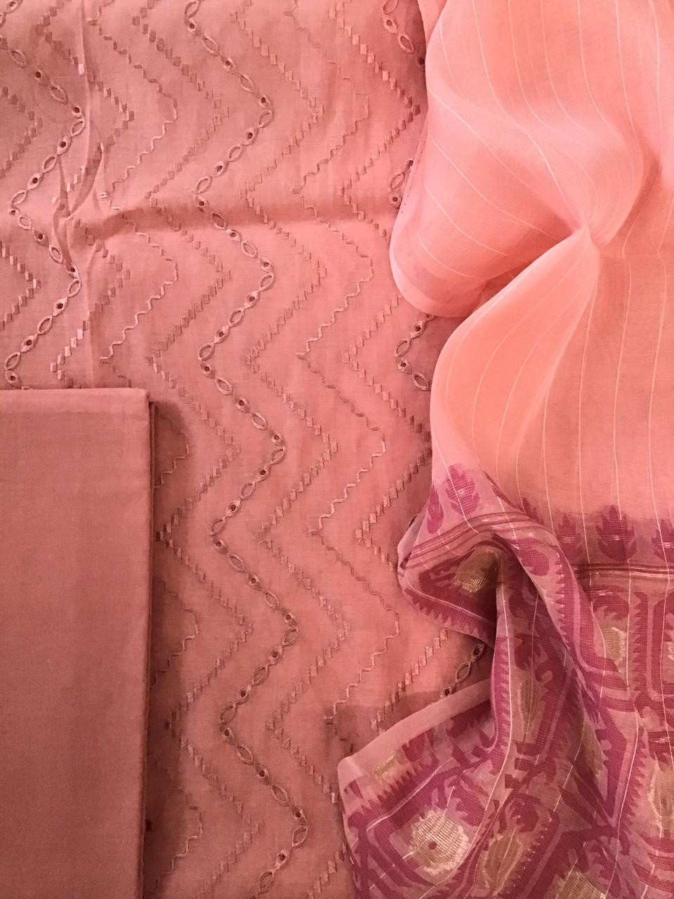 Soft Slub Chanderi Jamdani Weaved Embroidered Suit - Peach