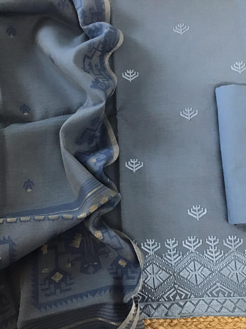 Soft Slub Chanderi Jamdani Weaved Embroidered Suit - Blue