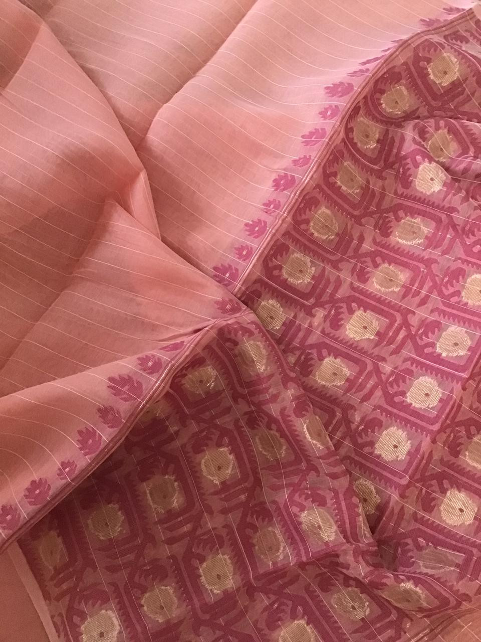 Soft Slub Chanderi Jamdani Weaved Embroidered Suit - Peach