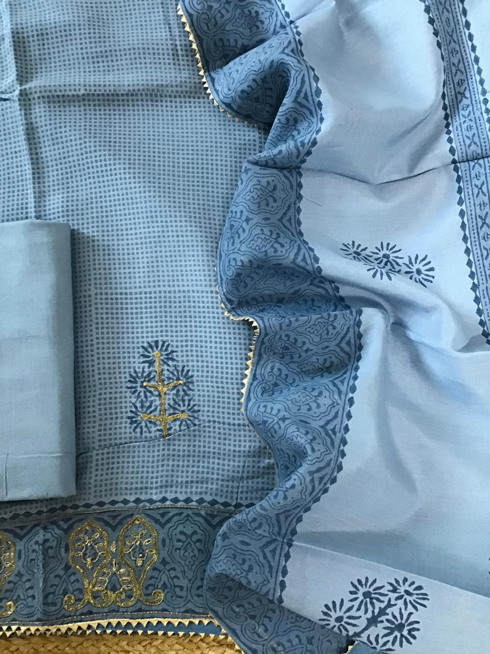 Pure Maheshwari Printed Embroidered Suit - Blue