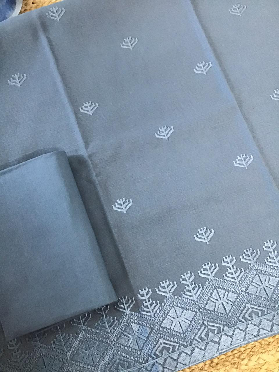 Soft Slub Chanderi Jamdani Weaved Embroidered Suit - Blue