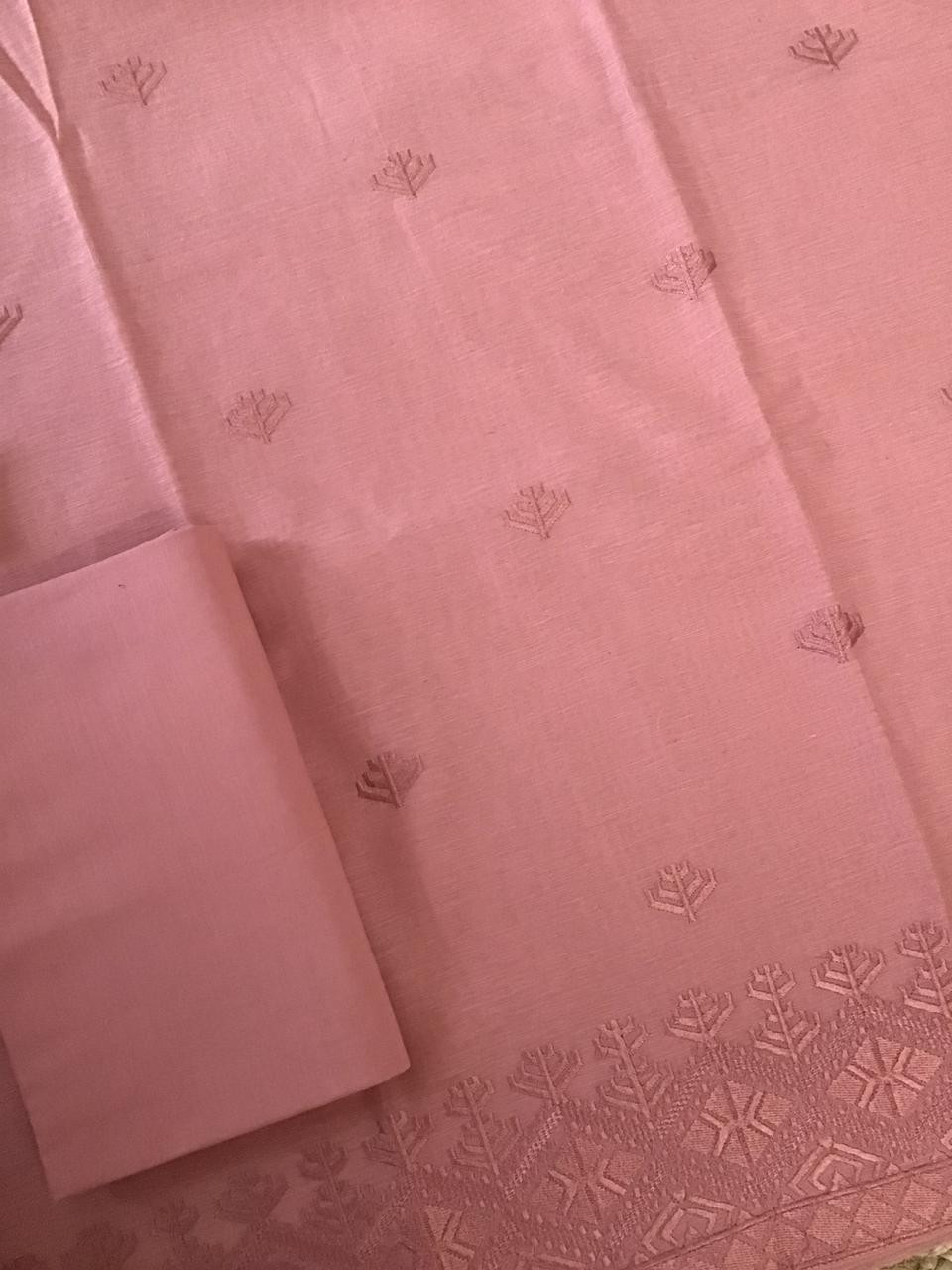 Soft Slub Chanderi Jamdani Weaved Embroidered Suit - Peach