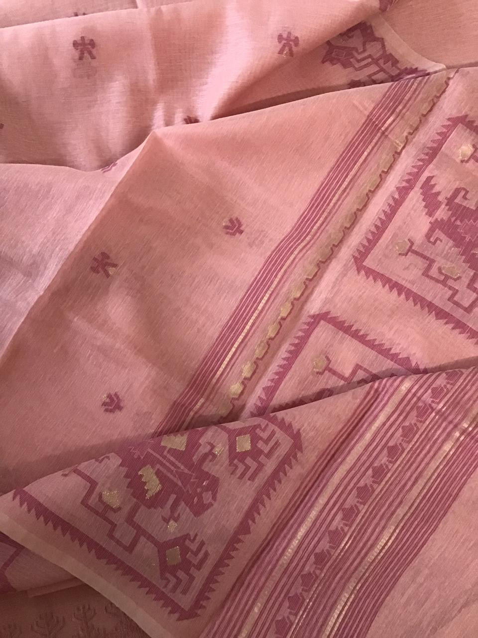 Soft Slub Chanderi Jamdani Weaved Embroidered Suit - Peach