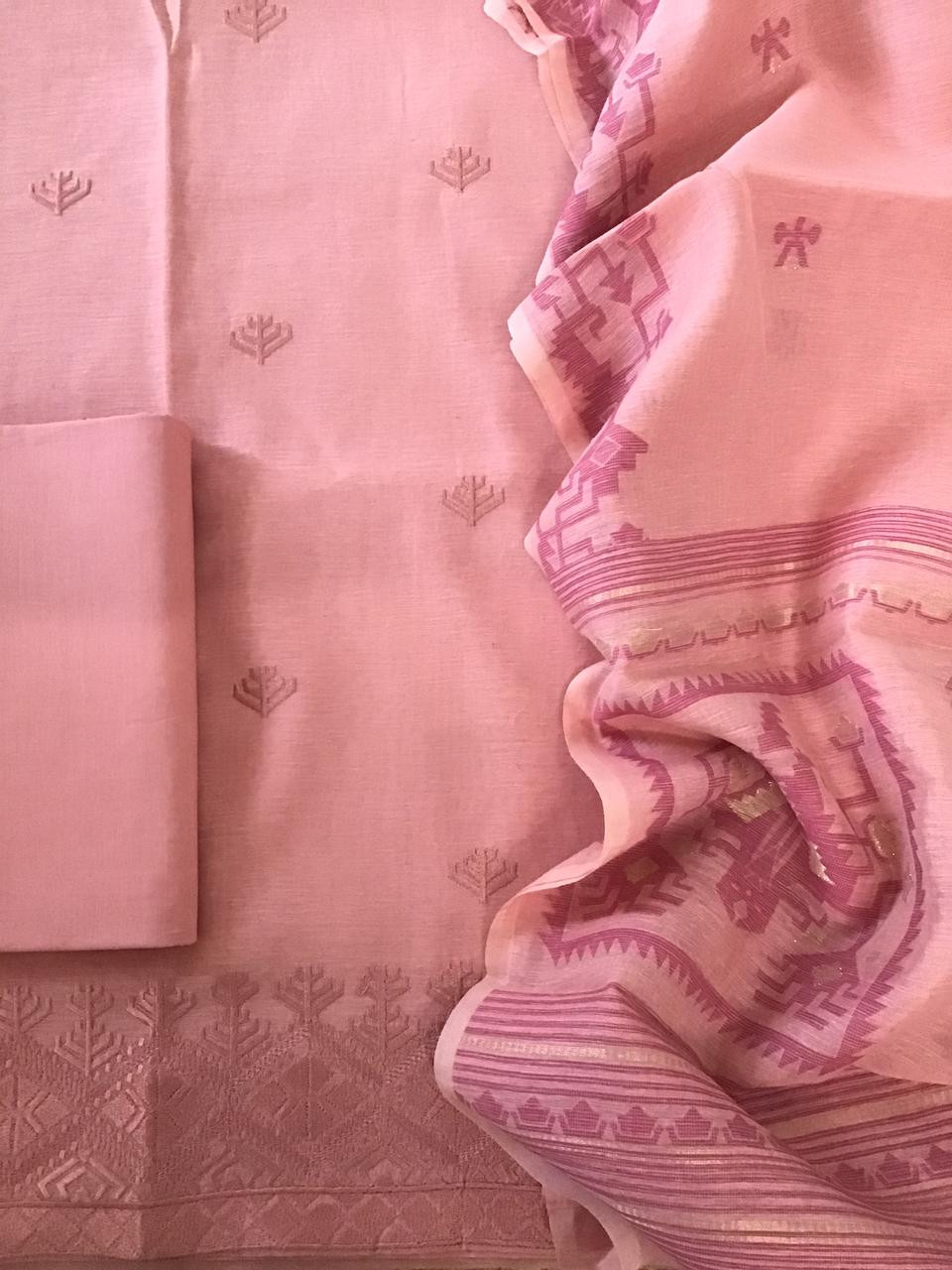 Soft Slub Chanderi Jamdani Weaved Embroidered Suit - Peach