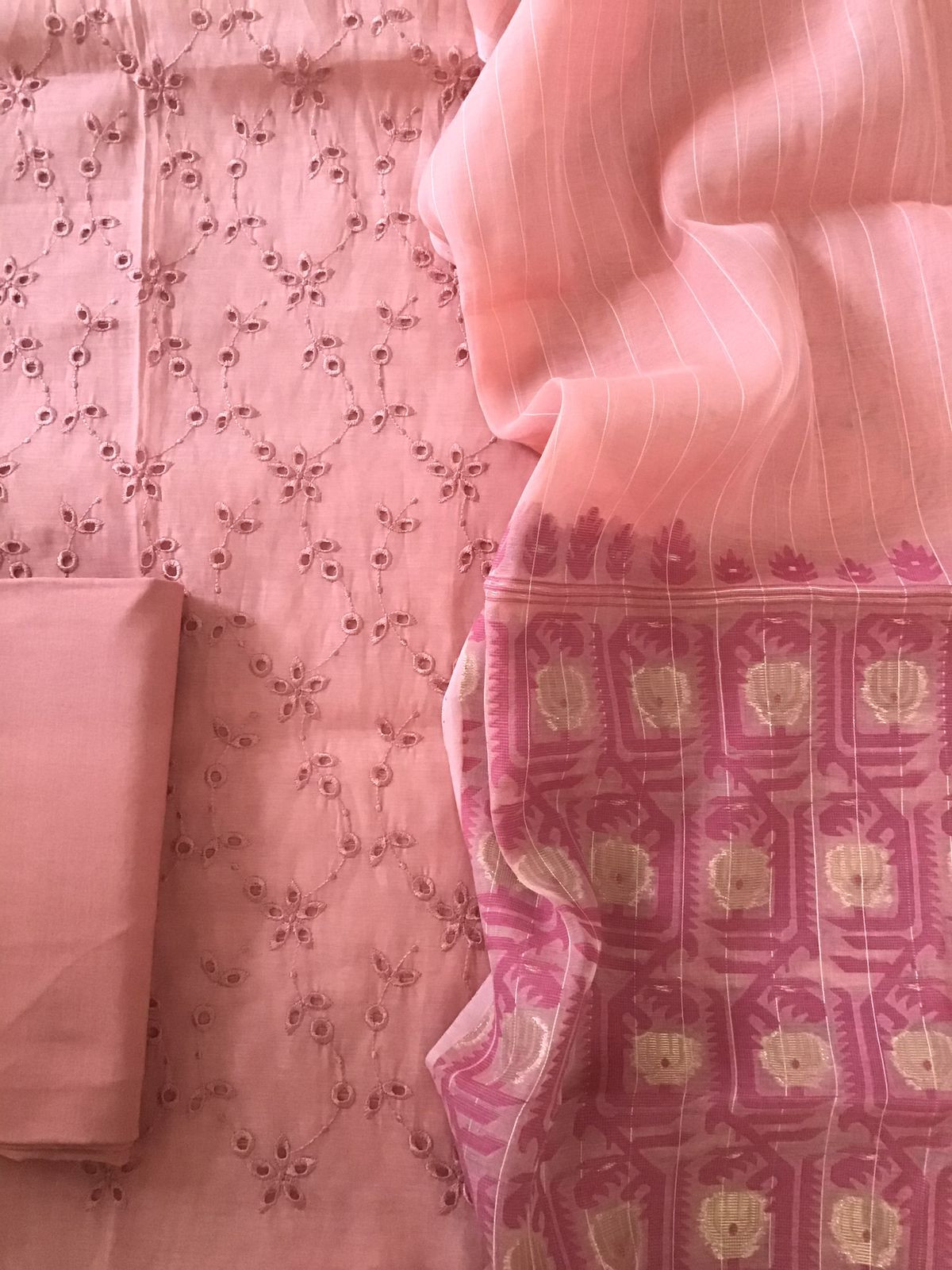 Soft Slub Chanderi Jamdani Weaved Embroidered Suit - Peach