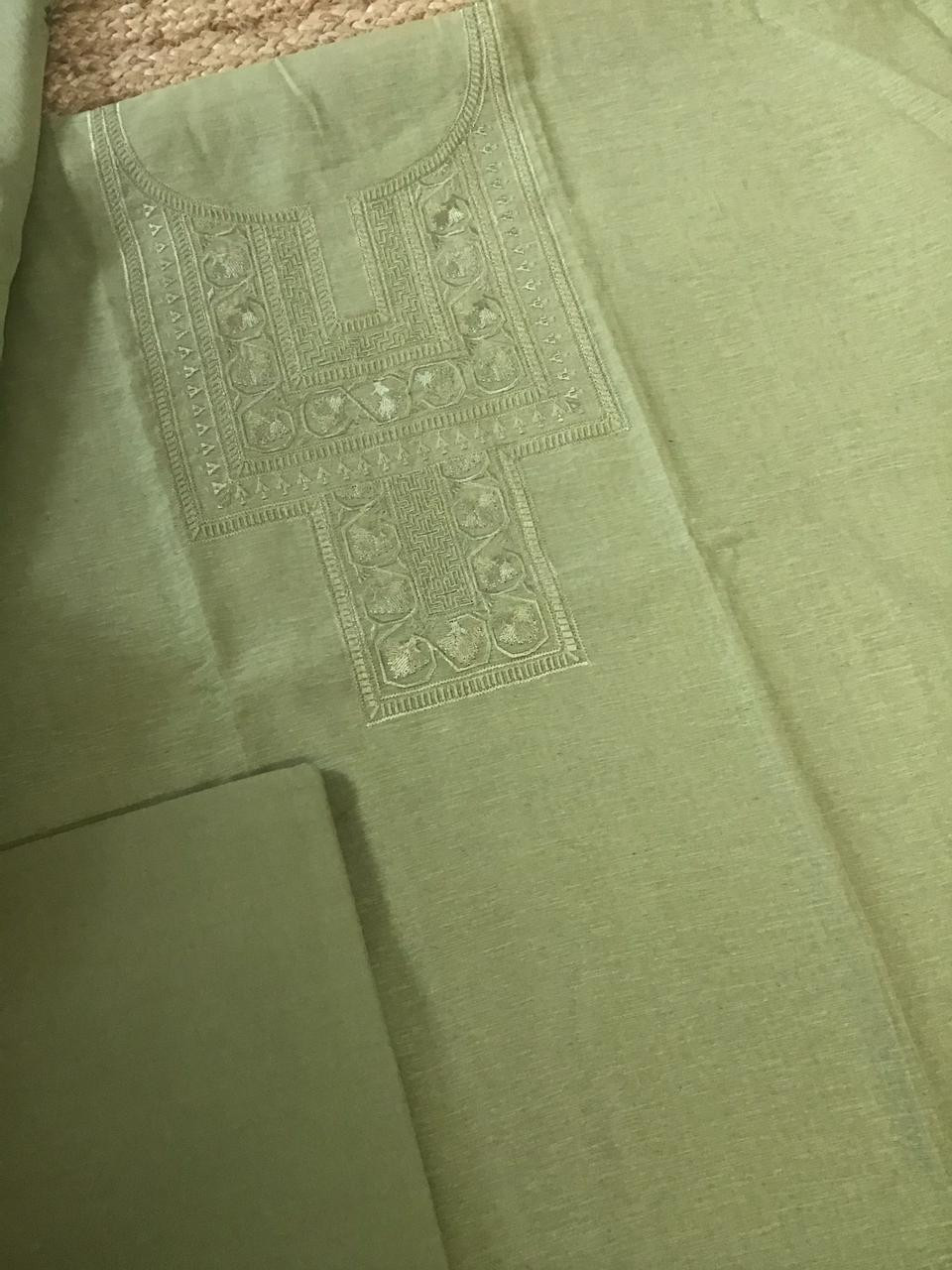 Soft Slub Chanderi Jamdani Weaved Embroidered Suit - Green